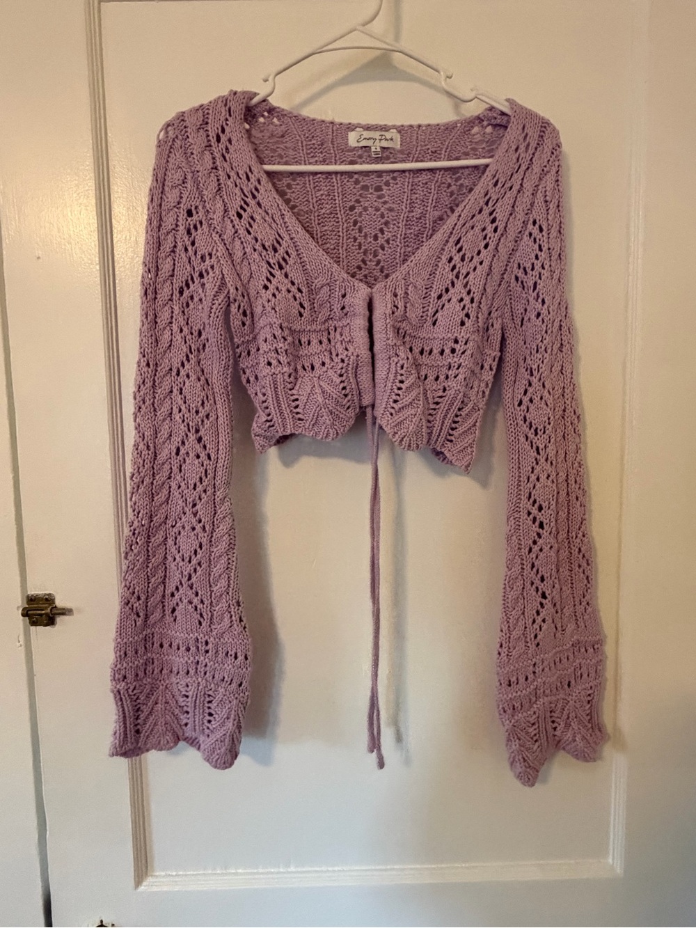 emory park lavender open-knit cropped V-neck tie-front sweater